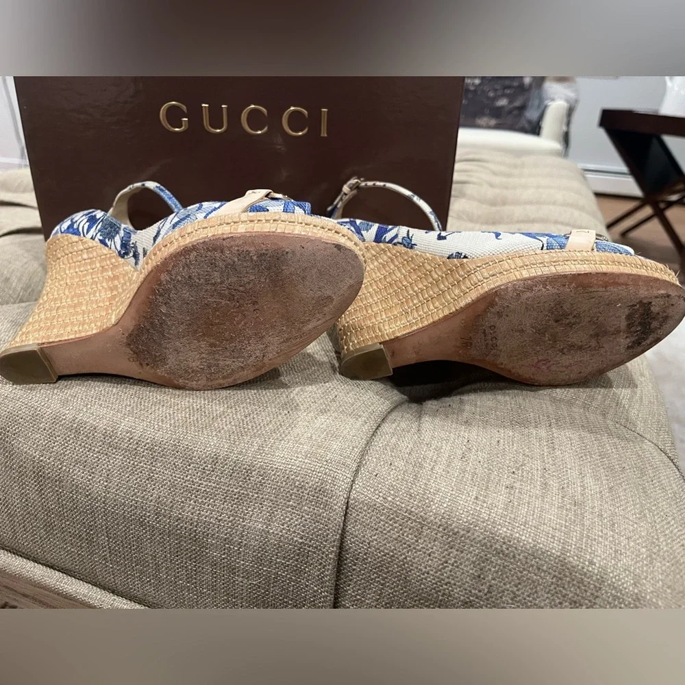 Gucci Blue and White Floral Wedge Sandals with Ankle Strap